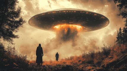 A man and a woman are walking through a forest, with a large