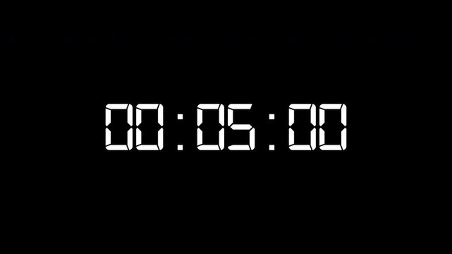 Digital stopwatch animation from 0 to 1 minute, isolated on a black background with an alpha channel.