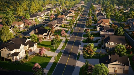 Fototapeta premium Aerial view of a residential neighborhood with houses, trees, and roads.