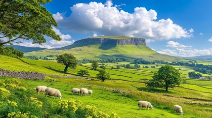 Obraz premium Scenic landscape featuring sheep grazing in lush green fields under a blue sky.