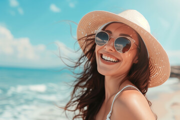 Portrait of a happy young girl enjoying summer vacation at the beach walking outside, woman in straw hat and sunglasses on tropical holiday