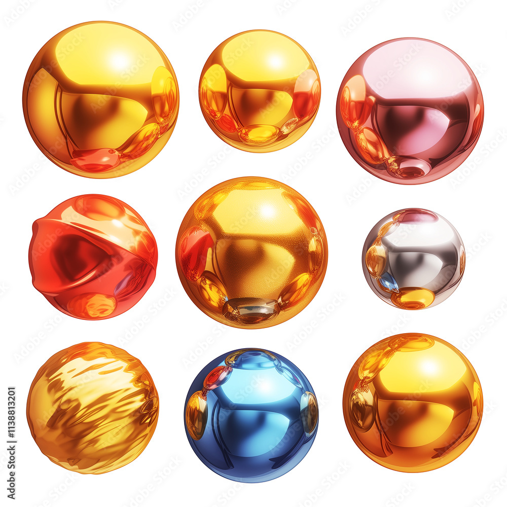 Poster colorful metallic spheres with reflective surfaces, arranged in grid pattern