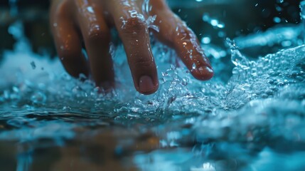 Hand splashing water with droplets in motion