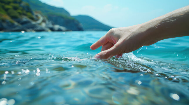Hand touching clear turquoise sea water surface