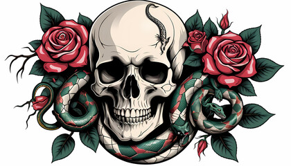 3D Ai Digital illustration art tattoo logo design with Skull, Cobra snake, vibrant, roses, thorns, horns, digital art, danger, scary, horror, t-shirt, stickers, vintage, Isolated on white background 
