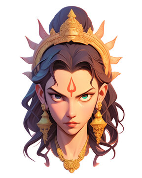 fierce 3D render of Bhudevi icon with intricate jewelry and determined expression