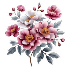 Nature, flowers, clipart watercolor painting of flower, symmetrical pattern, botanical print on white background, vintage style.QW-0447