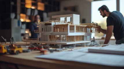 Obraz premium Architects reviewing architectural model on table.