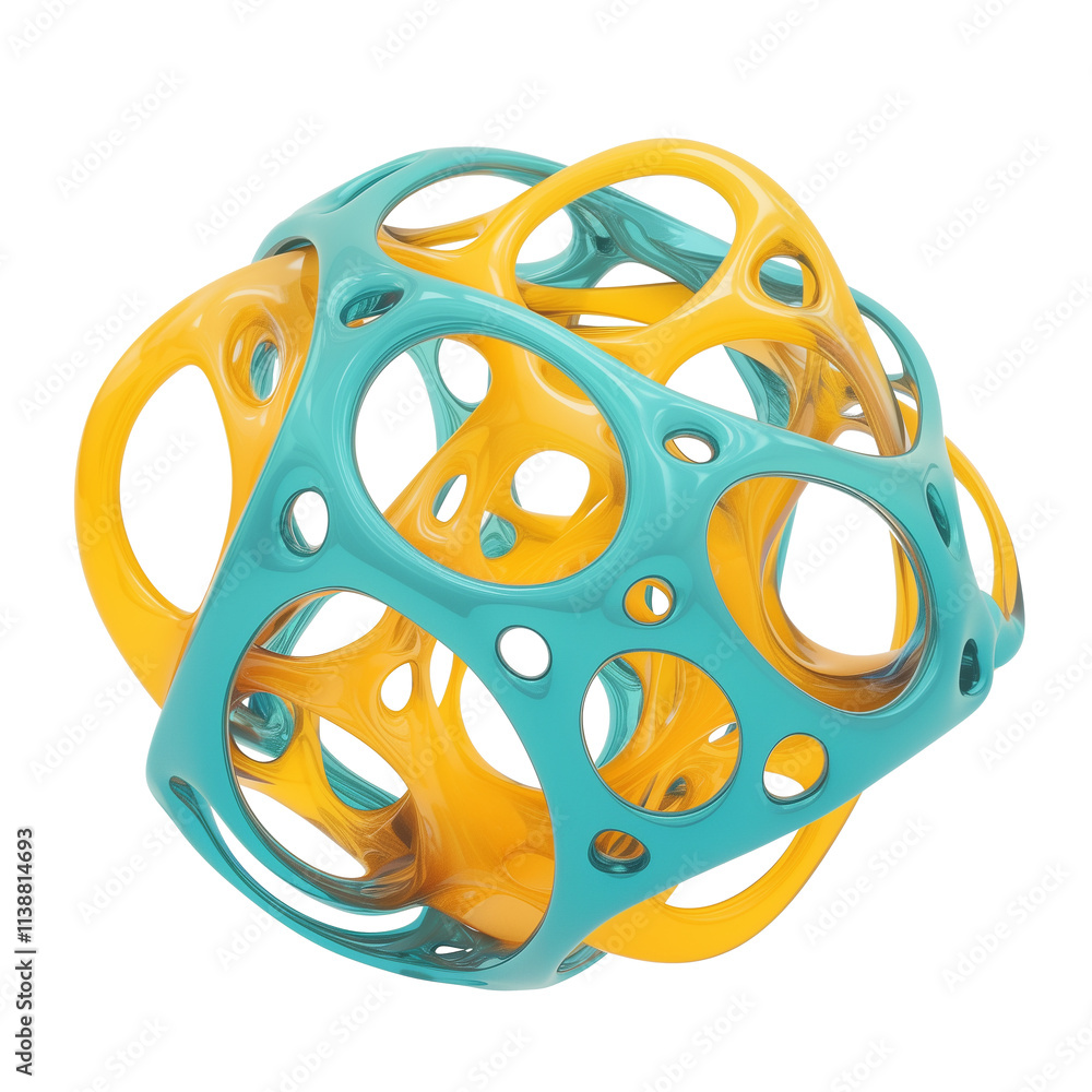 Poster metallic turquoise and yellow organic shape with intricate patterns