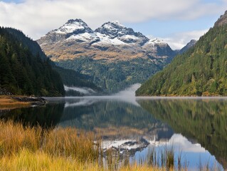 Fototapeta premium Scenic mountain landscape with reflections in a serene lake.