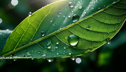 Green leaves splashed with dew drops, captured in macro photography.