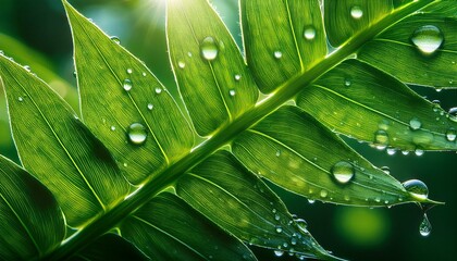 Green leaves splashed with dew drops, captured in macro photography.
