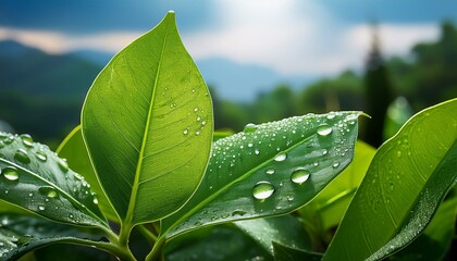Green leaves splashed with dew drops, captured in macro photography.