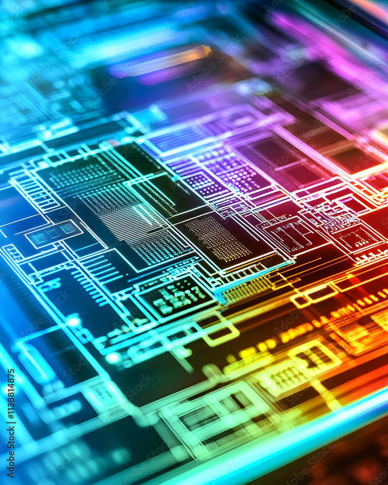 Poster Abstract close-up of a vibrant, multicolored circuit board, showcasing intricate technological design and patterns. Ideal for technology, innovation, and digital concepts.