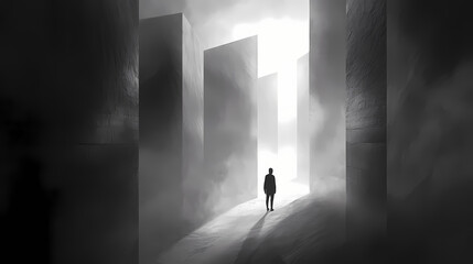 A lone figure in a dark, ethereal, and cavernous labyrinth. Cavernous. Illustration