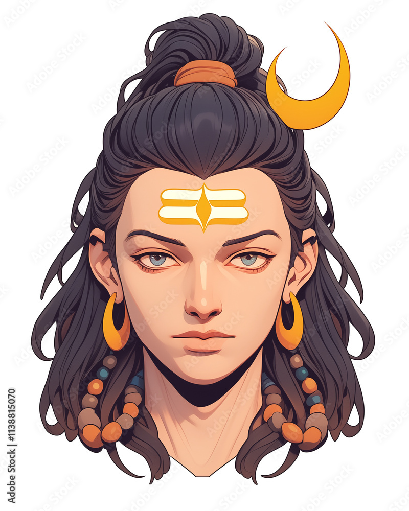 Poster 3d render of shiva icon with serene expression, featuring traditional elements like crescent moon an