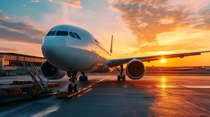 Airplane at Sunset. Concept of Travel, Transportation, and Departure.
