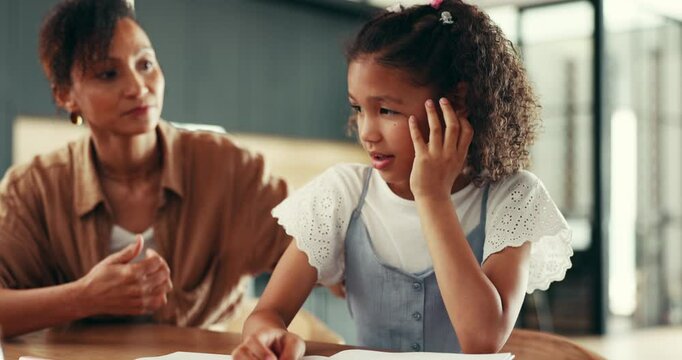 Homework, crying and mom with child in home for lesson, education and teaching for school. Family, upset and mother with girl for help and support for learning disability, studying and development