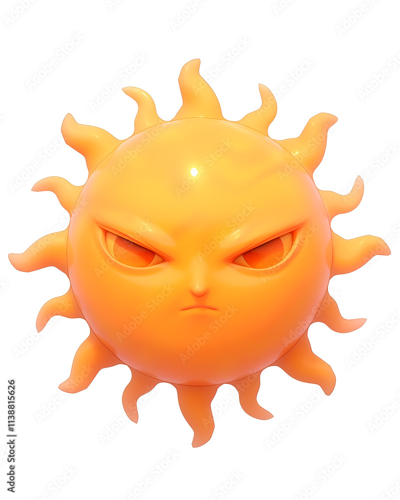 Poster 3d render of stylized sun icon with intense expression, isolated on white