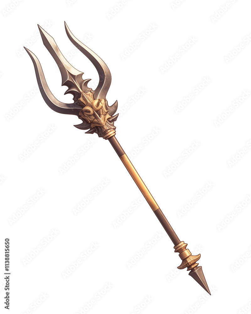 Poster 3D render of trident with intricate design, isolated on transparency background