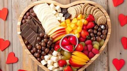 Heart-shaped platter with cheese, fruits, chocolate, and crackers on wooden surface
