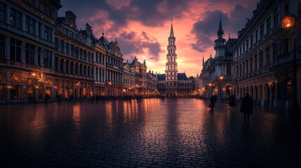 Fototapeta premium Brussels, Belgium at Grand Place with the Town Hall tower at blue hour.
