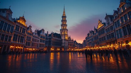 Fototapeta premium Brussels, Belgium at Grand Place with the Town Hall tower at blue hour.