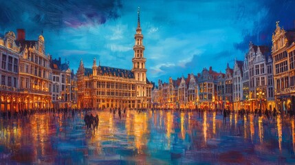 Fototapeta premium Brussels, Belgium at Grand Place with the Town Hall tower at blue hour.