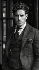 A stylish man in a tailored suit poses confidently in a monochrome setting.