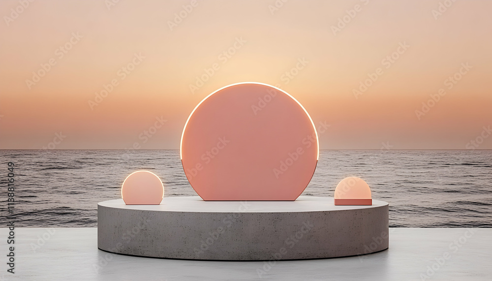 Poster serene sunset scene featuring three minimalist, illuminated circular displays on a concrete platform