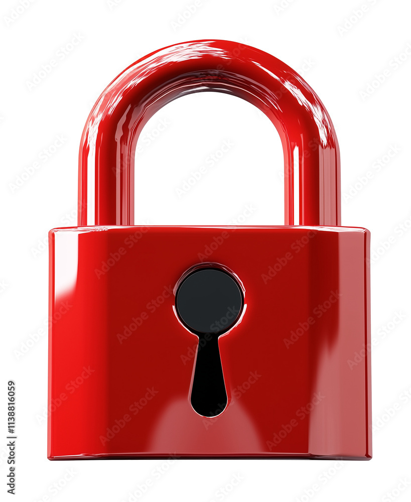 Poster shiny red padlock with keyhole, isolated on transparency background