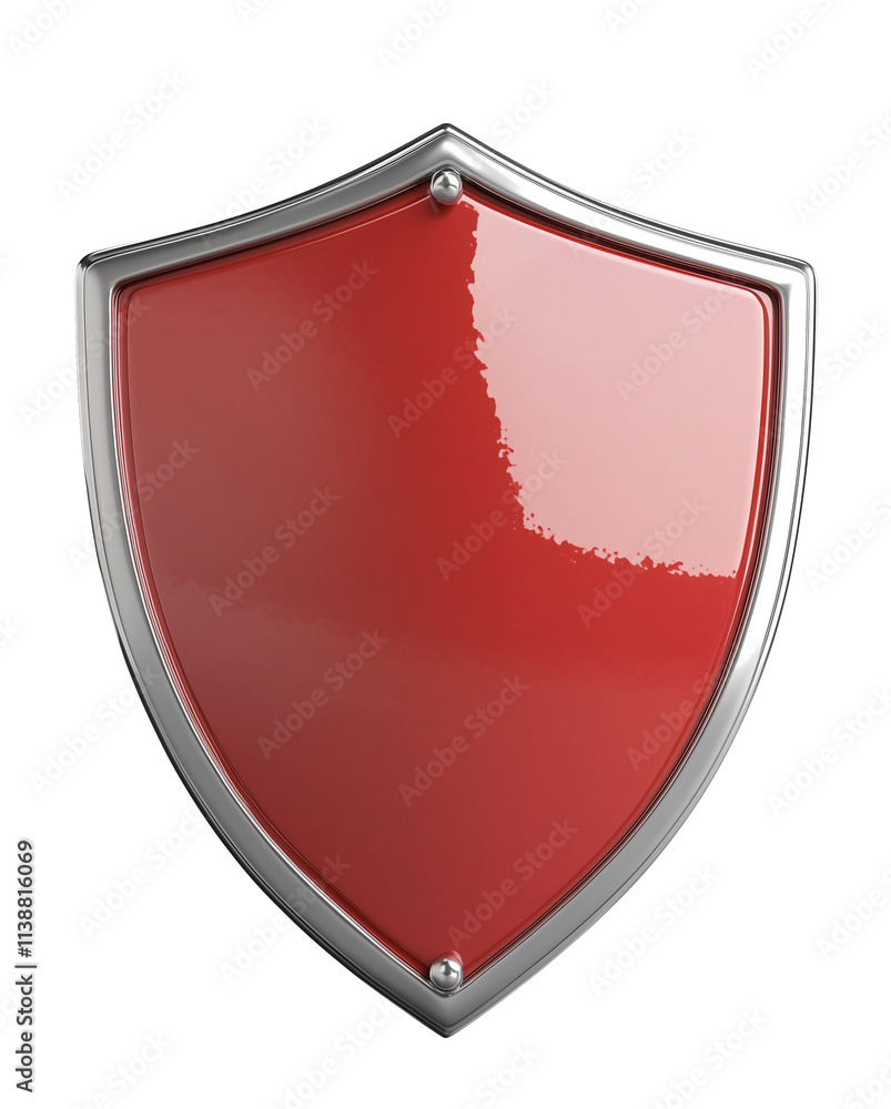 Poster red shield with metallic border, glossy finish, isolated on transparency background