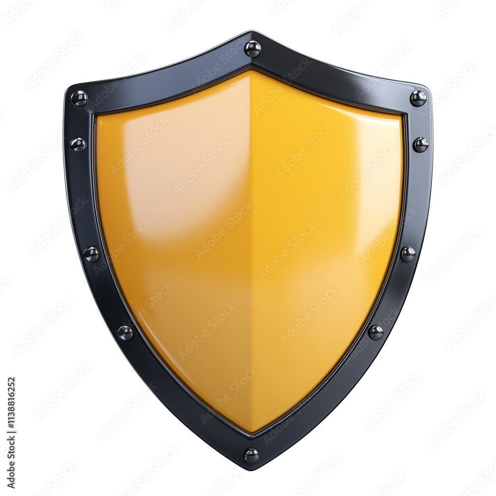 Poster shiny yellow shield with metallic border symbolizes protection and security