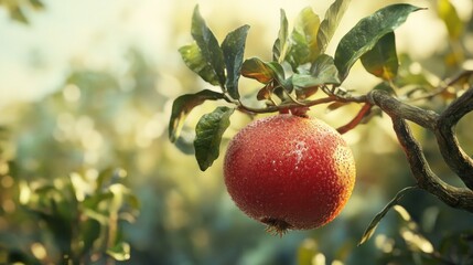 Obraz premium A single ripe red pomelo hanging from a branch, bathed in warm sunlight. The vibrant fruit contrasts beautifully with the lush green foliage, creating a serene and picturesque scene.