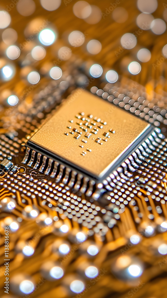 Poster close-up of a gold microchip on a circuit board, showcasing intricate details and technological adva