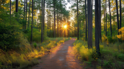 Obraz premium Sunrise Forest Path: Peaceful Nature Trail Photography