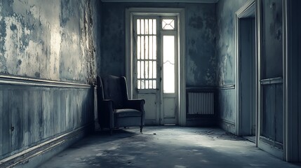 Obraz premium Abandoned hallway, decaying interior. Concept of forgotten history, desolation, and decay.