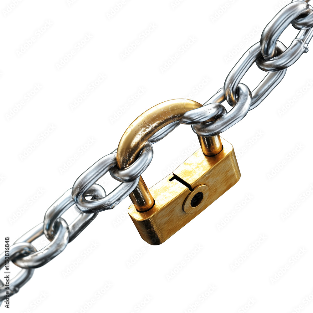 Poster 3d cartoon chain with lock, flat view, isolated on transparency background