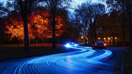 Night Road, Autumn Trees, Light Trails, Autonomous Vehicle, Driving Safety
