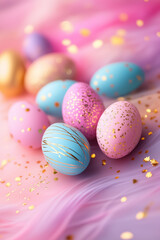 Obraz premium Beautifully decorated eggs in pastel colors rest on delicate fabric, embodying the joy of a vibrant spring festival