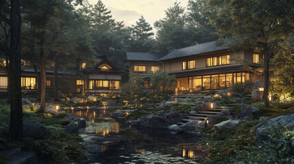 Fototapeta premium Japanese Forest Farmstay: Tranquil Asian Architecture, Dreamy Lighting, Serene Pond