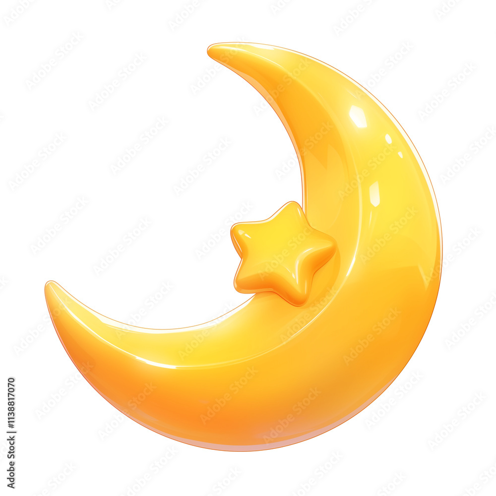Poster shiny 3d cartoon crescent moon with star, isolated on transparency background