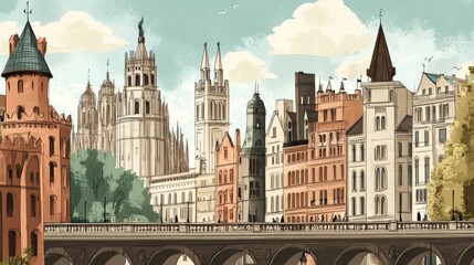 Obraz premium Vector illustration of flat design composition with famous european world landmarks icons