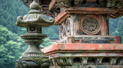 Obraz premium Ancient Japanese Temple Stone Lantern and Carvings
