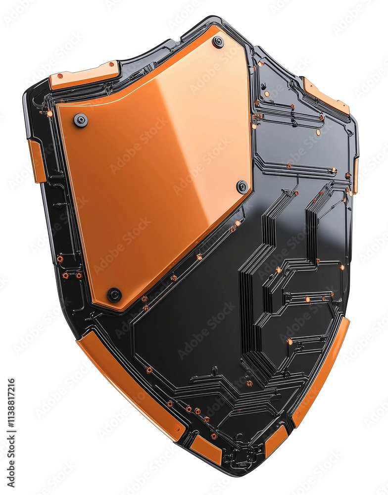 Poster futuristic orange and black shield with circuit patterns symbolizes cyber protection