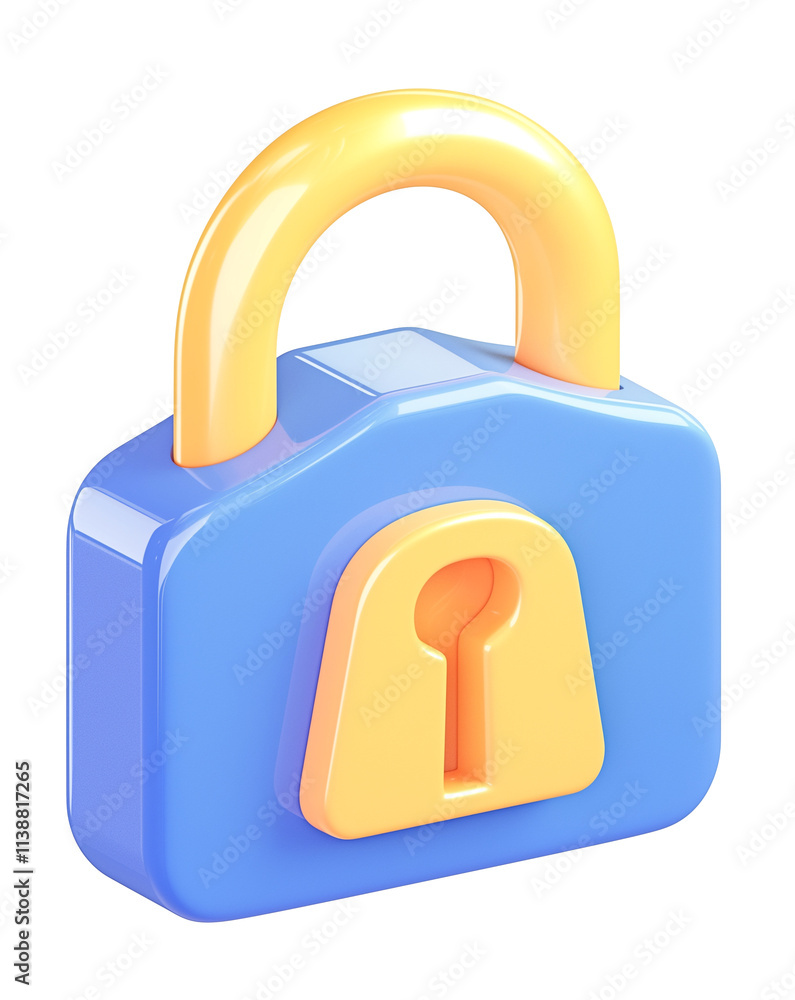 Poster 3d cartoon lock with flat view, isolated on transparency background