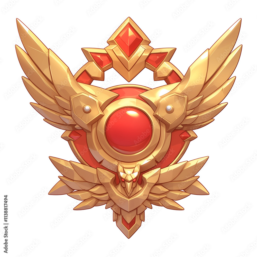 Poster golden winged emblem with red gem and intricate design, symbolizing power and prestige
