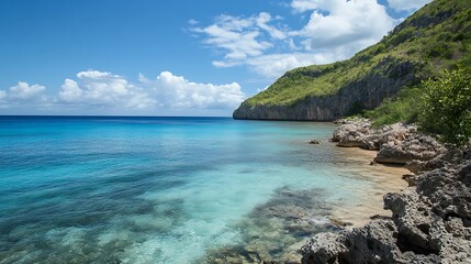 Tropical Coastline, Turquoise Water, Caribbean Beach. Concept of Vacation, Relaxation, and Paradise.