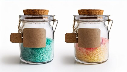 Two glass jars filled with colorful bath salts, each with a blank label.