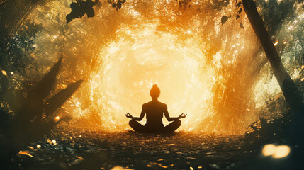 Obraz premium Forest Meditation: Golden Halo, Inner Peace, Cosmic Awareness